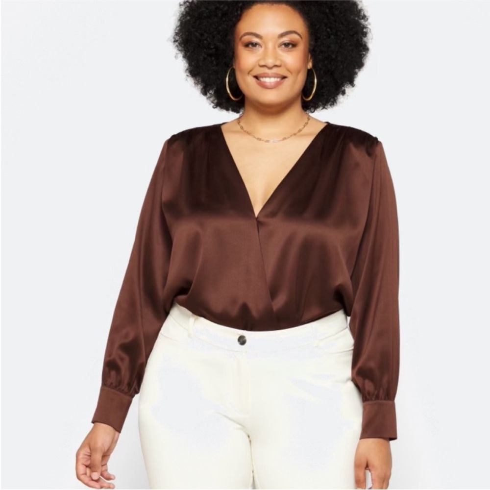 Steve Madden Brown Satin Tamaira Long Sleeve Bodysuit NWT